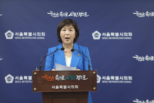 서울시의회 김 경시의원이 18일 오후 서소문청사 2층 시의회 기자회견장에서 브리핑을 하고 있다.